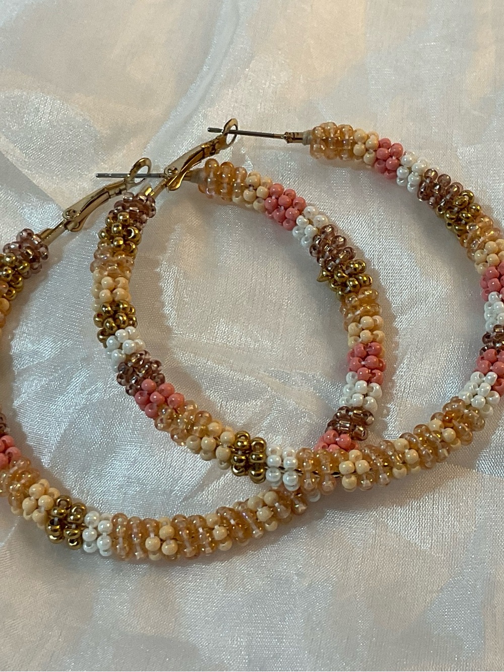 Francesca's Collections Pink, Tan, Brown & Cream Beaded Hoop Earrings